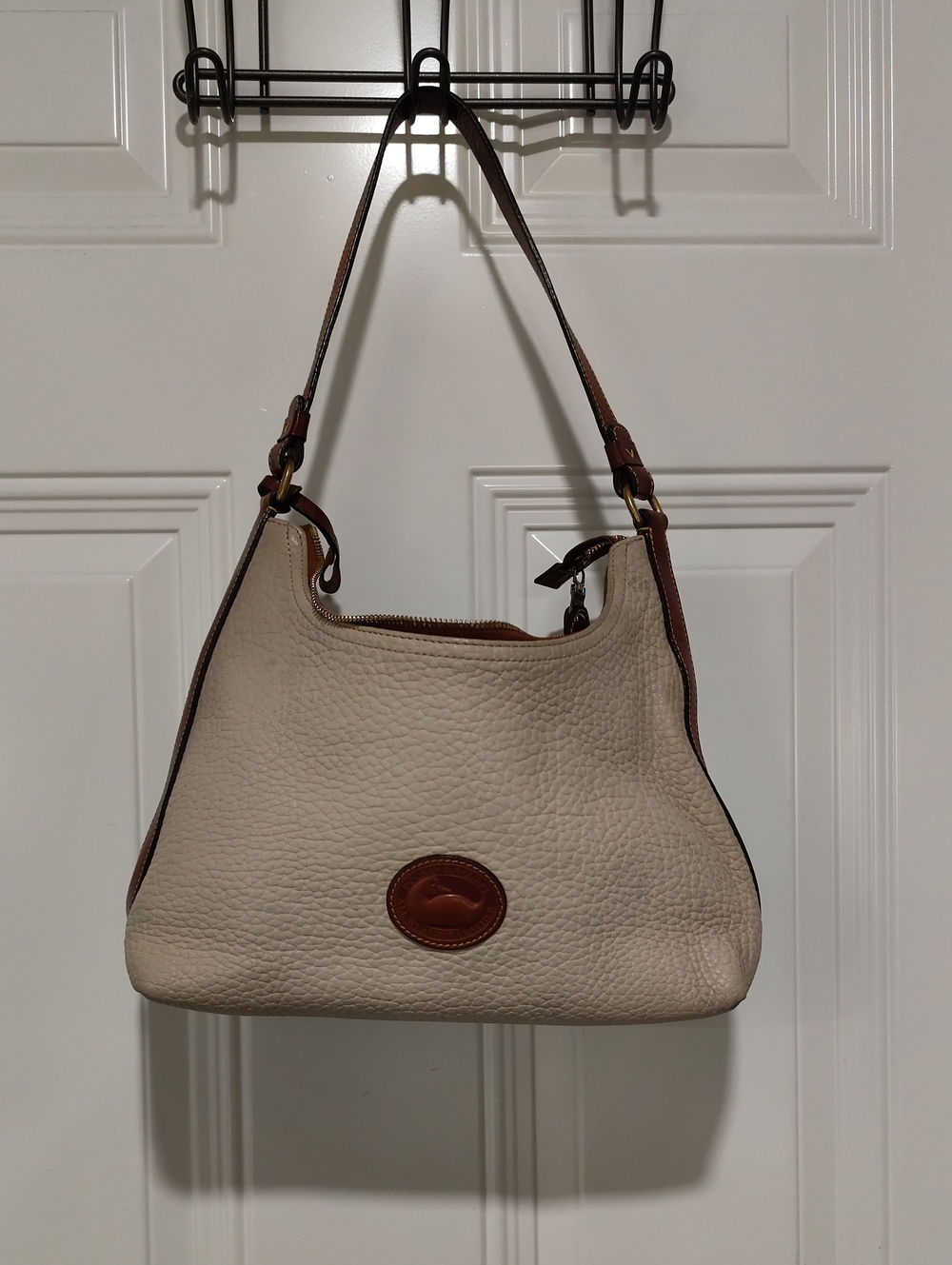 Dooney & Bourke Cream Pebbled Leather Shoulder Bag with Brown Trim